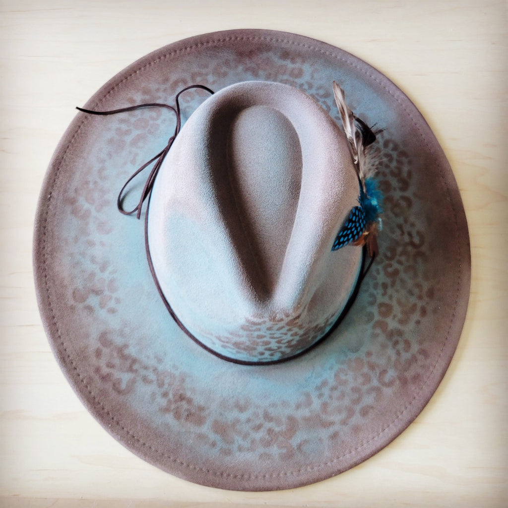 Hand-Painted Leopard Boho Western Cowgirl Hat & Band Turq Brown 987c