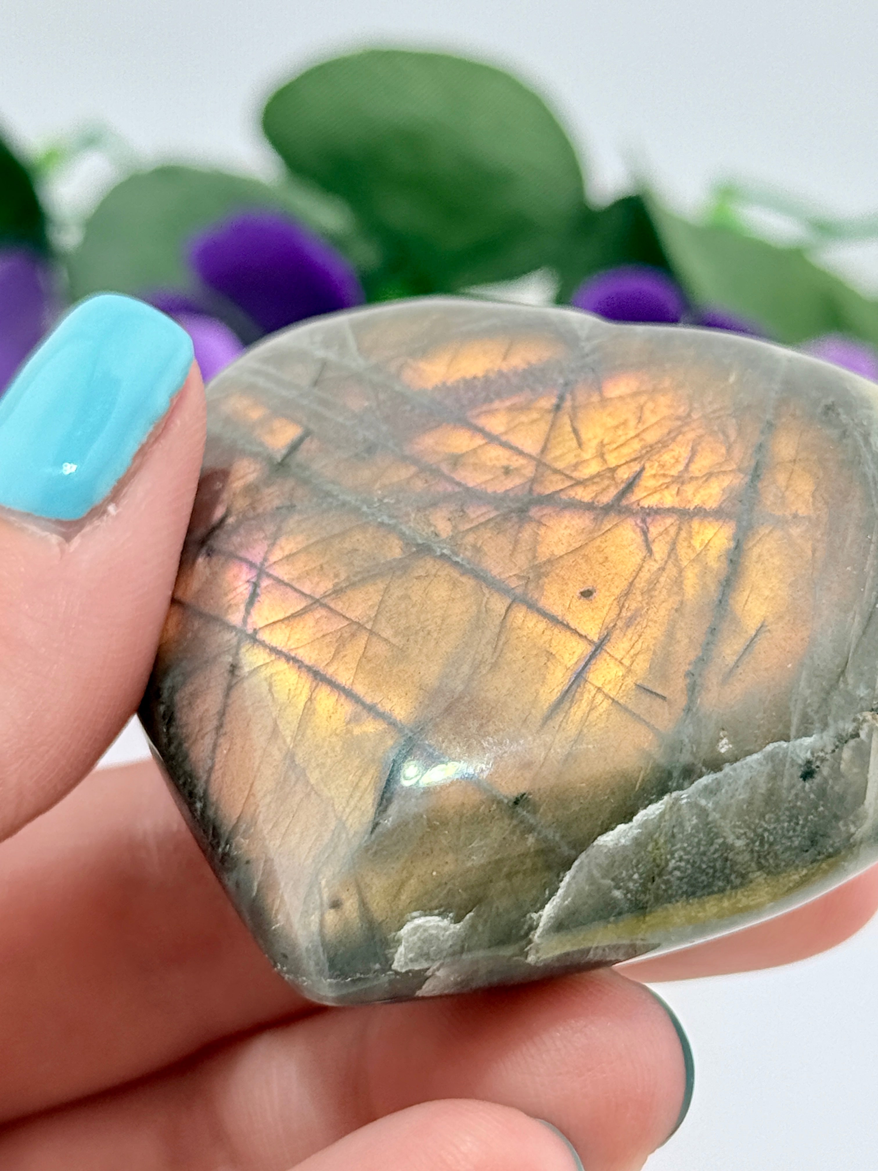 RARE Madagascar Sunset Pink Fire Labradorite Crystal Heart Stone - HIGH FLASH - NEW