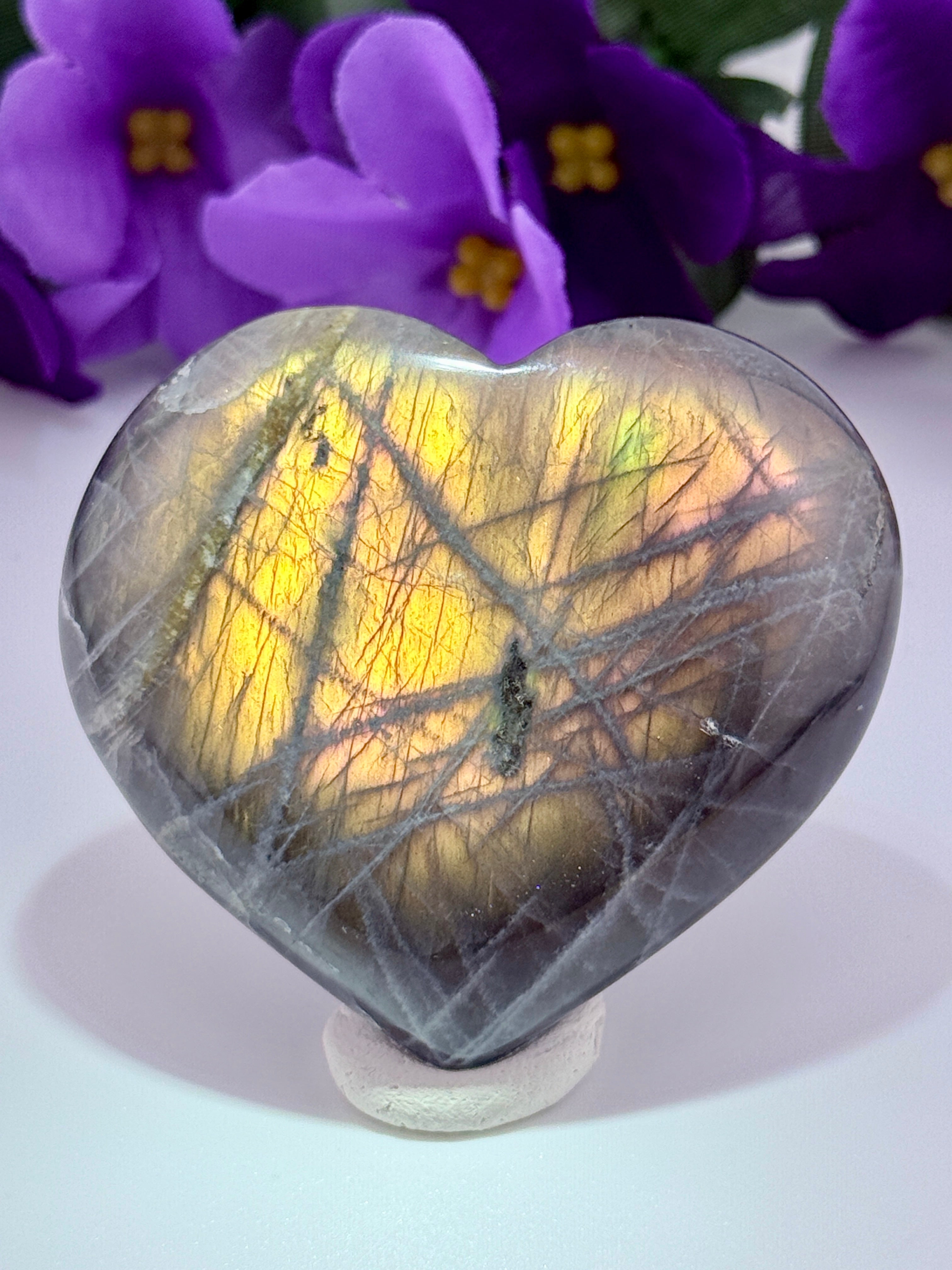RARE Madagascar Sunset Pink Fire Labradorite Crystal Heart Stone - HIGH FLASH - NEW