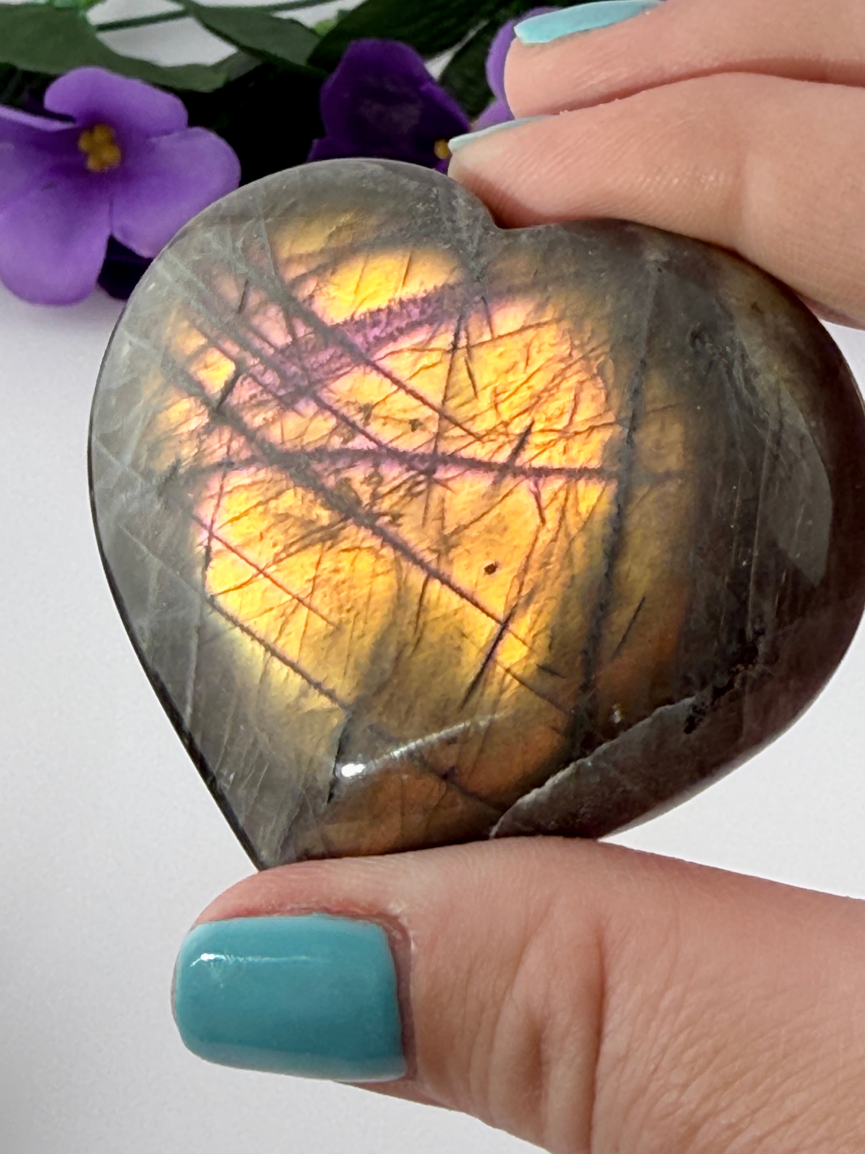 RARE Madagascar Sunset Pink Fire Labradorite Crystal Heart Stone - HIGH FLASH - NEW