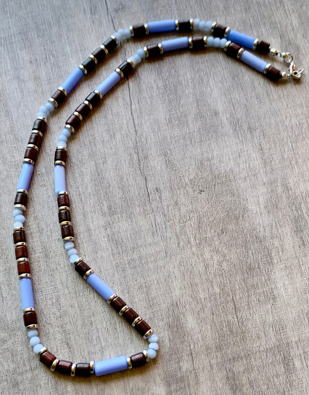 Morgan Handmade Cats Eye, Wood, and Brass 25" Beaded Necklace