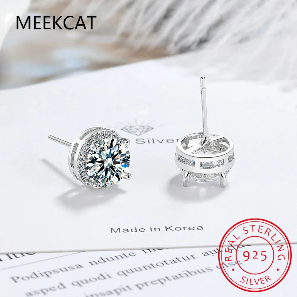 925 Sterling Silver Moissanite Stud Earrings | 2 Carat Round Engagement Wedding Jewelry for Women