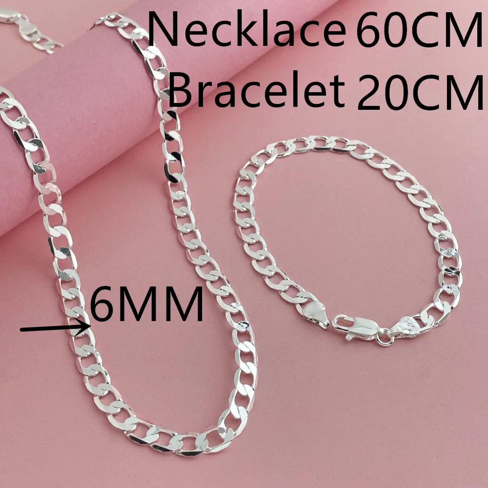925 Sterling Silver 6mm Cuban Link Necklace and Bracelet Set | Unisex Classic Jewelry