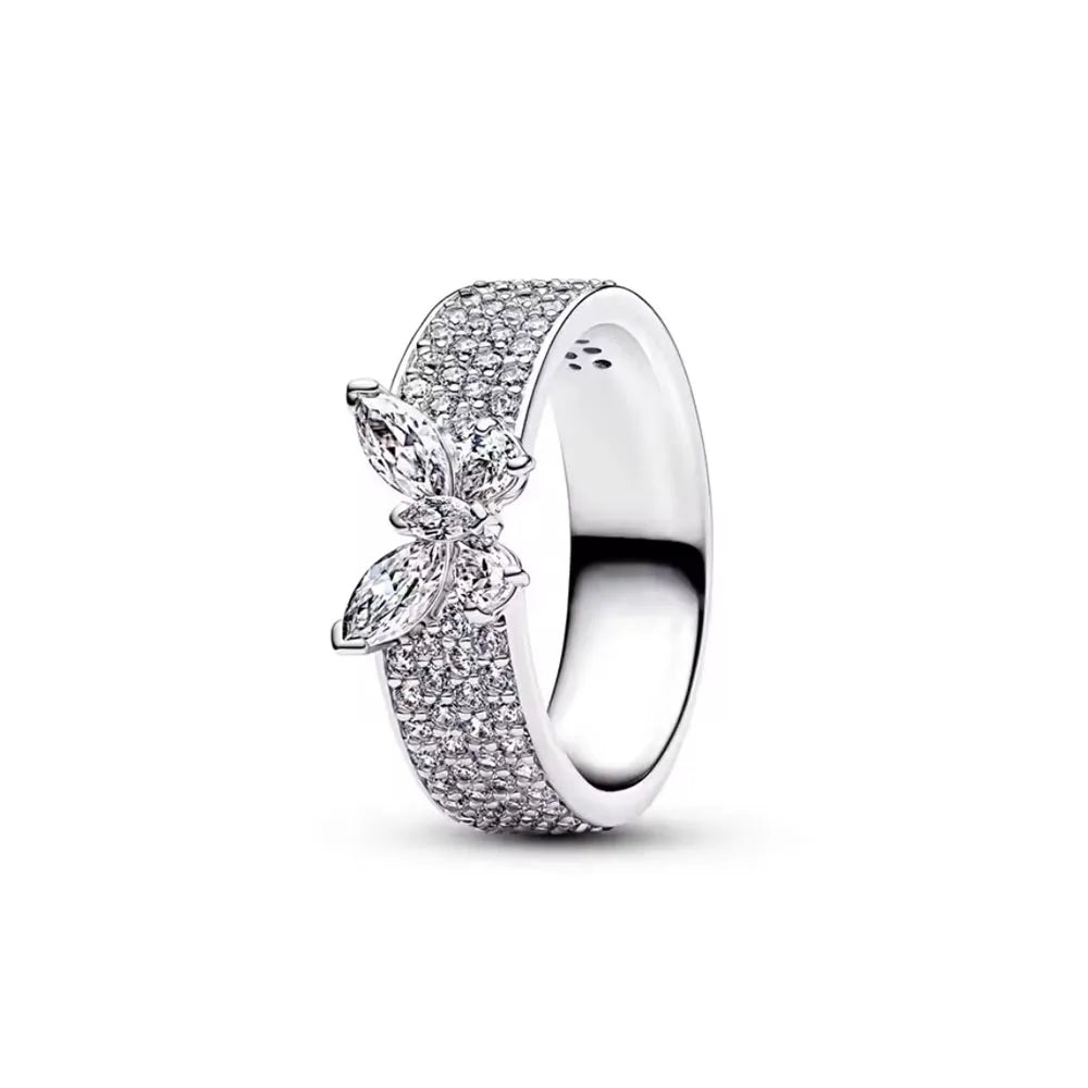 Sterling Silver Zircon Ring Set | Butterfly Snowflake Rose Design