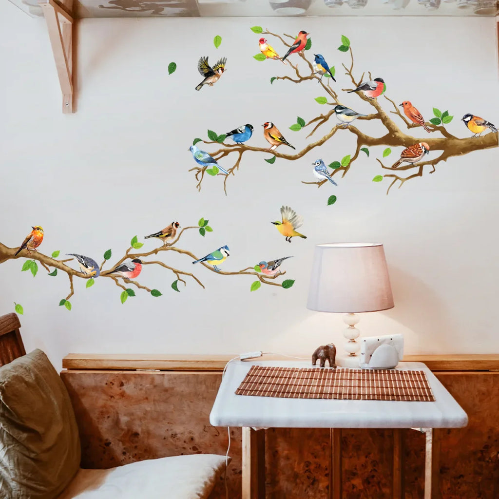 Colorful Birds on Branch Wall Decal | 4pcs Self-Adhesive PVC Art Sticker Set