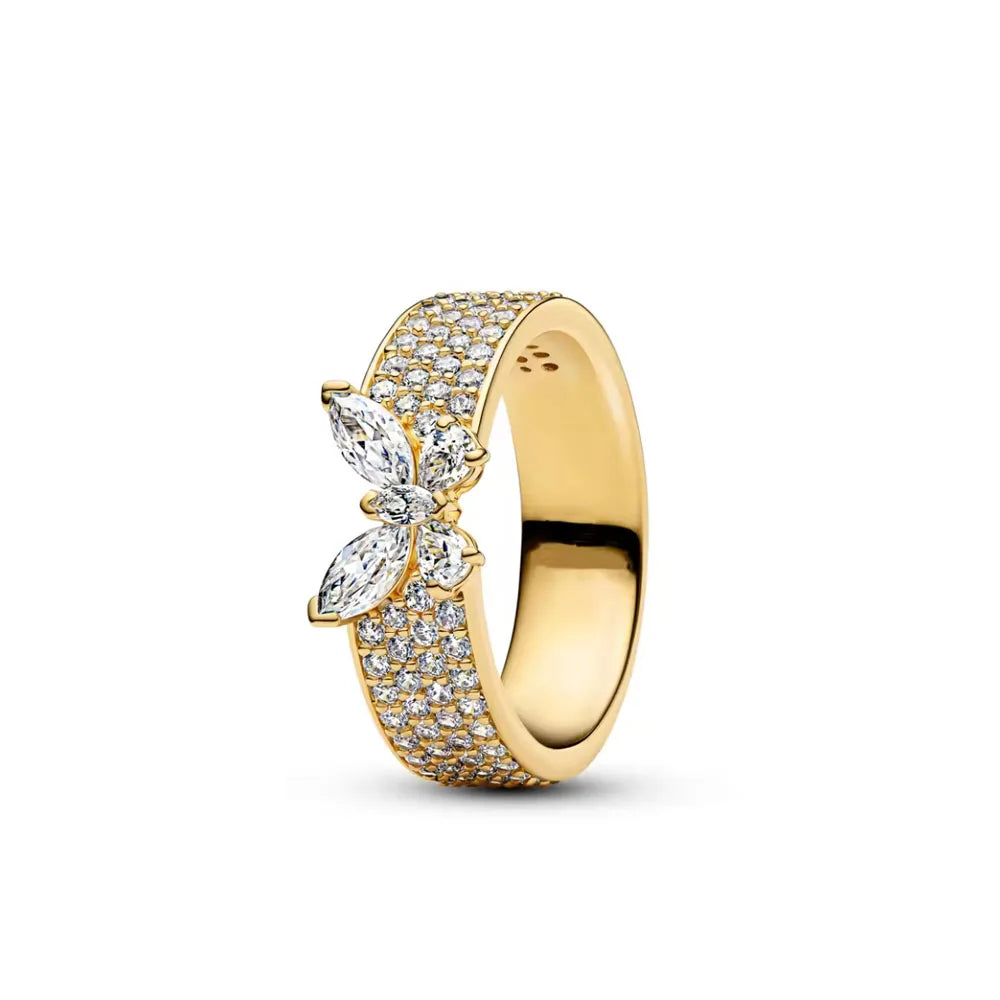 Sterling Silver Zircon Ring Set | Butterfly Snowflake Rose Design
