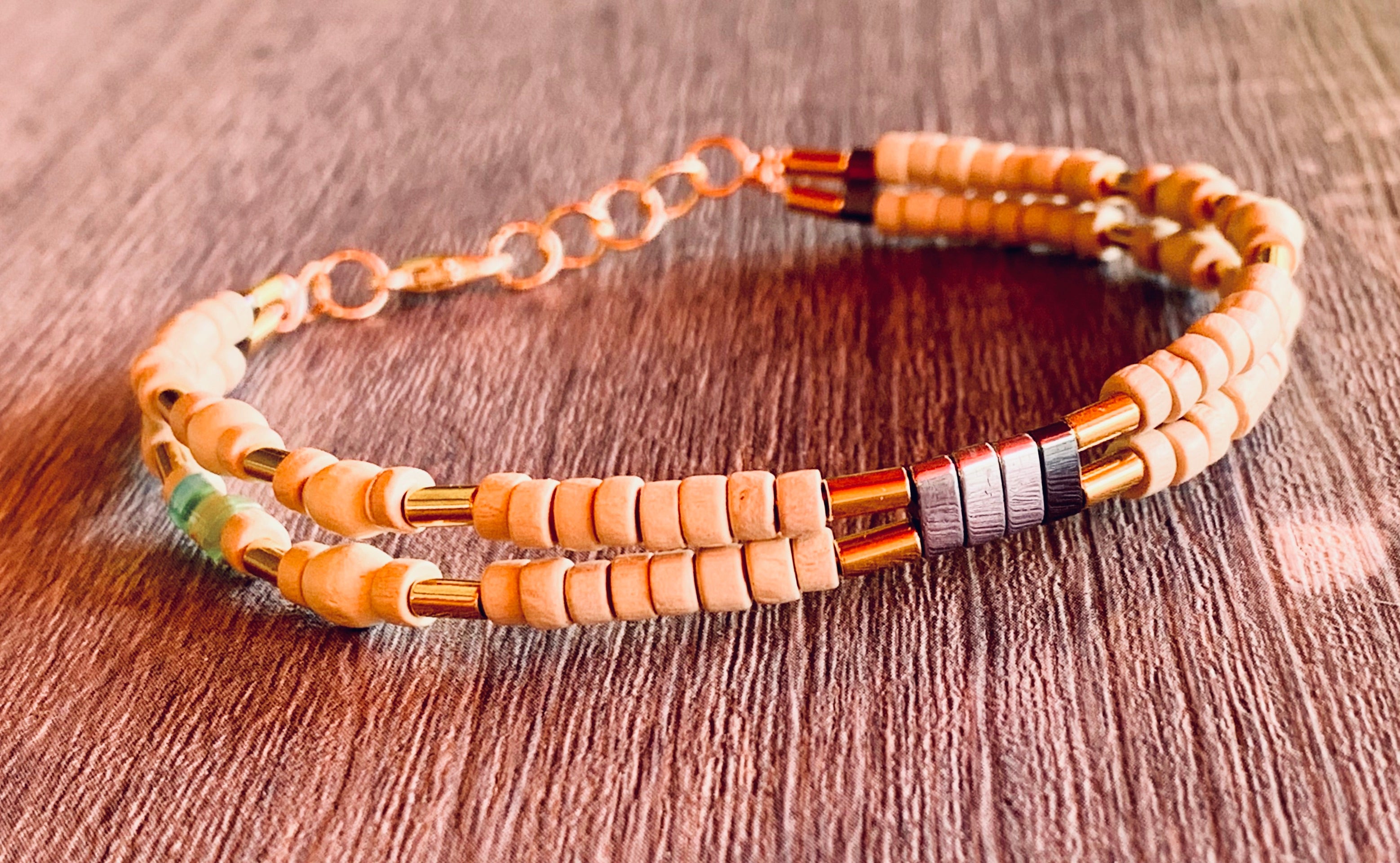 Sammie Handmade Wood, Hematite, and Mille Fiori Glass Bracelet