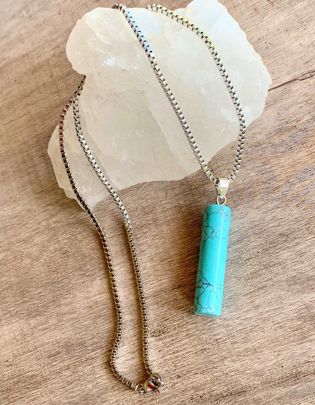 Cassidy Handmade Turquoise Cylinder Pendant on a Stainless Steel Box Chain Necklace