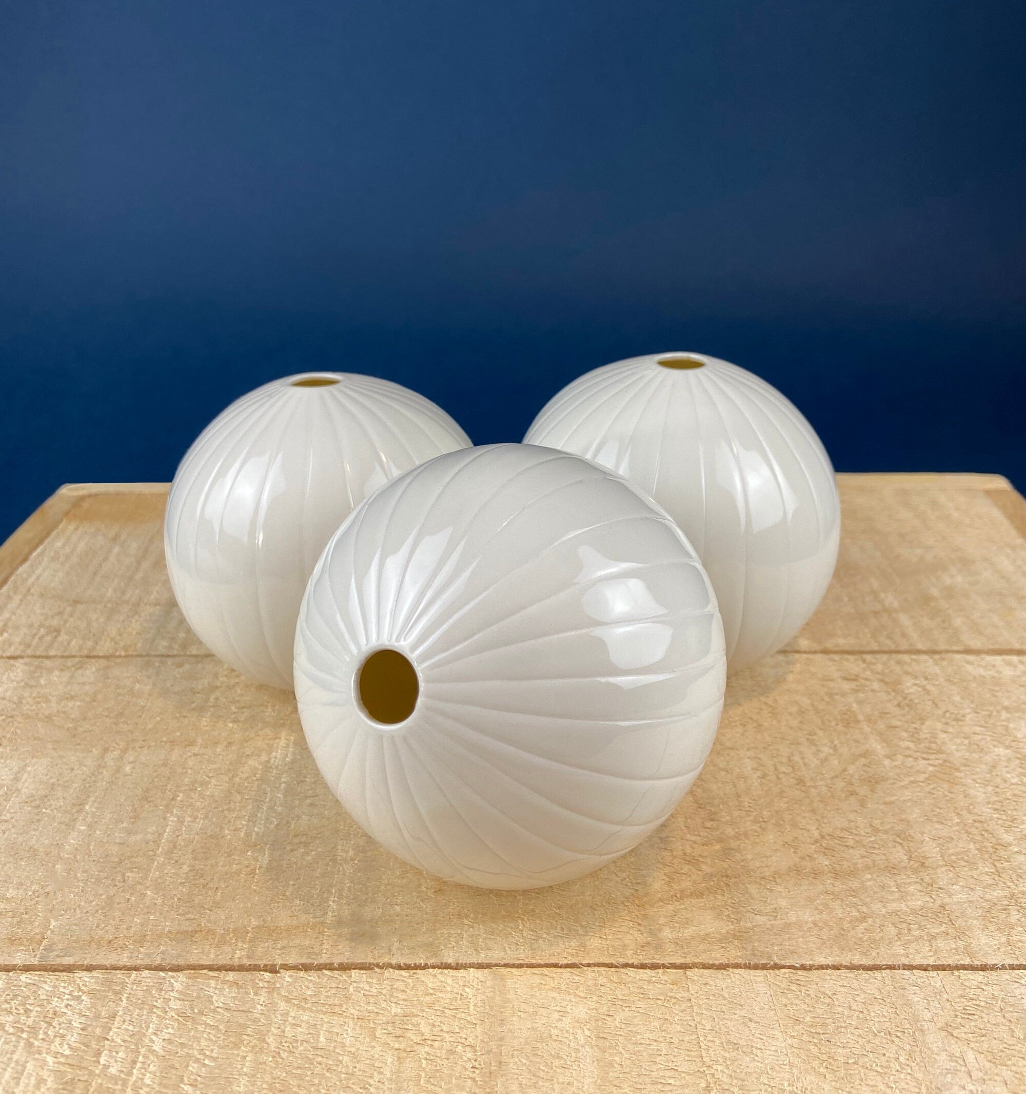 White, Porcelain Modern Vases. Set of Three Sperical Vases with Small Mouths and Fluting. Perfect for Breakfast Tray. Minimal Home Decor.