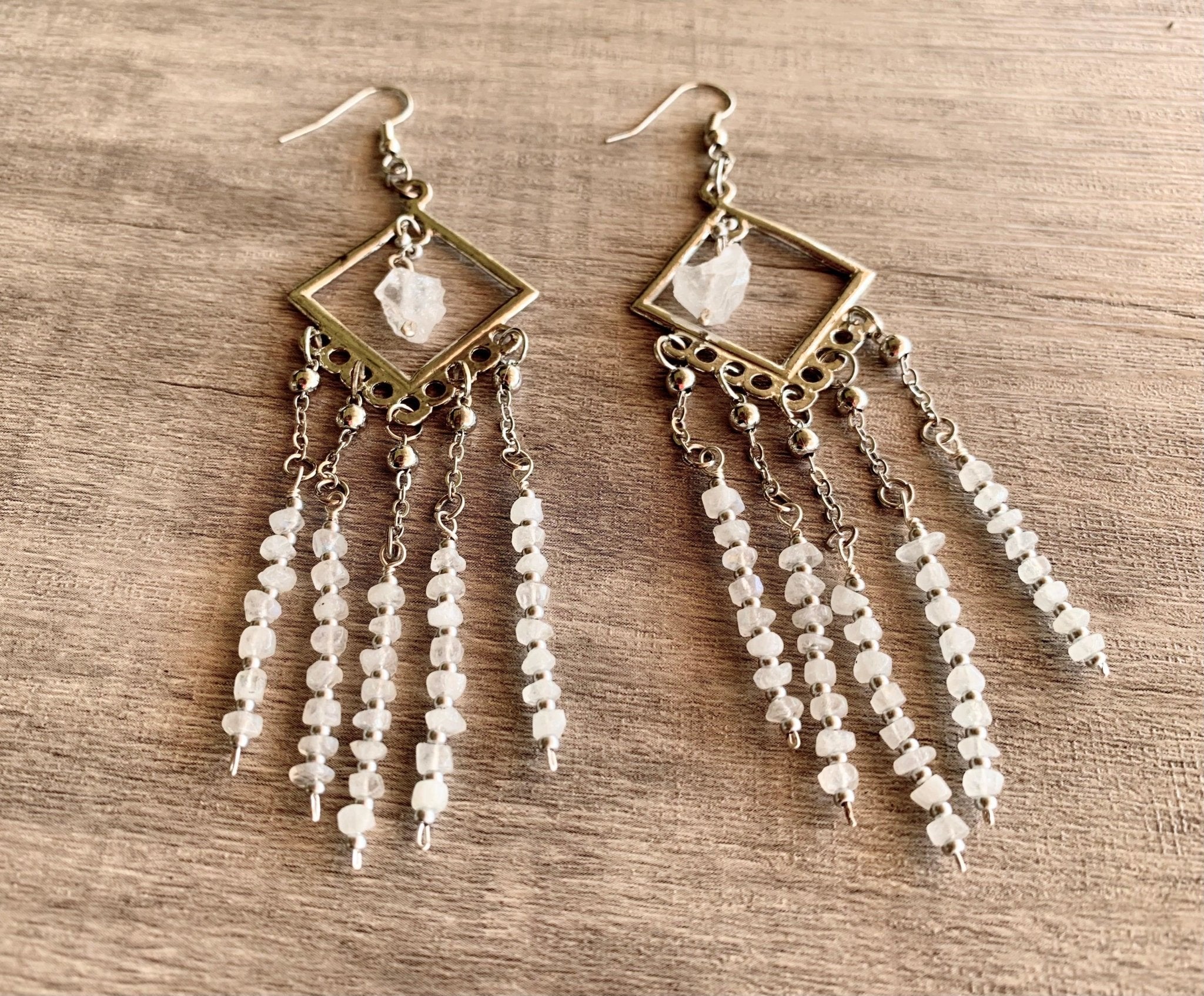 Moonbeam- Handmade Genuine Rough Cut Moonstone and Clear Quartz Dangling Earrings