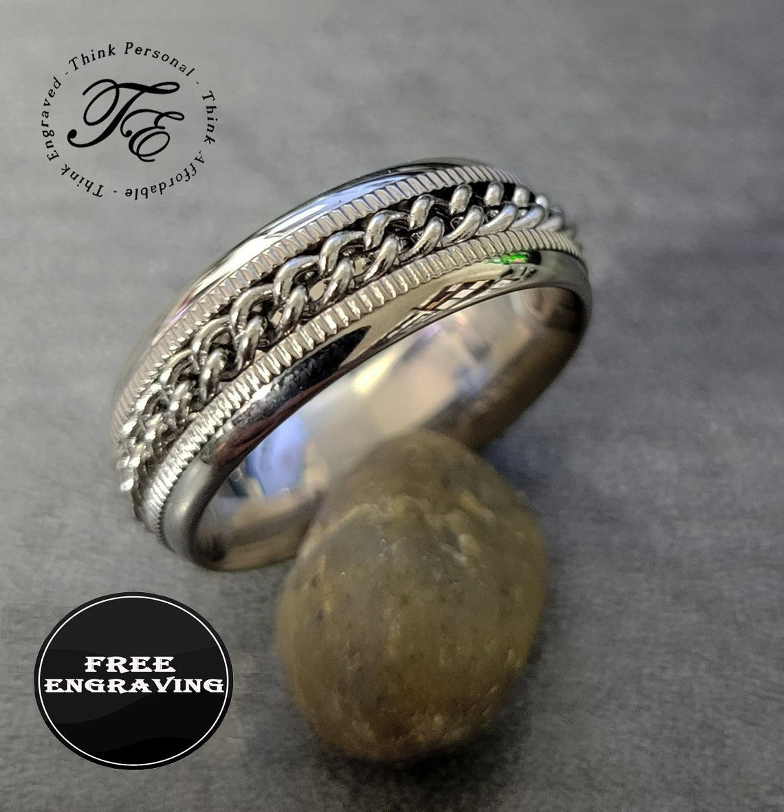 Personalized Men's Wedding Band - Silver Chain Spinner Stainless Steel
