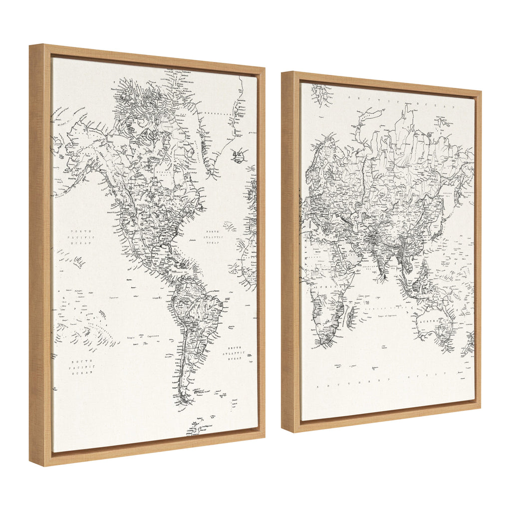 Sylvie Vintage Black and White World Map Framed Canvas Set by The Creative Bunch Studio